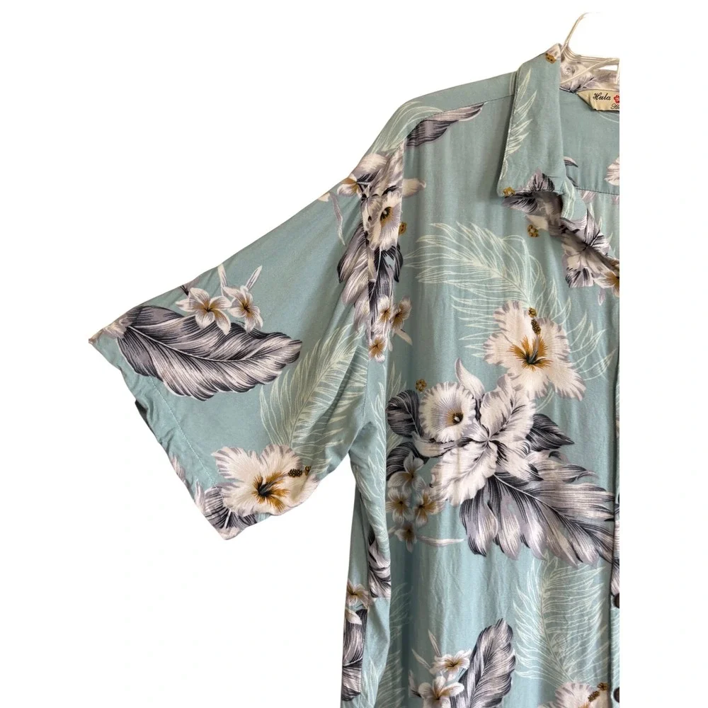 Hula Hula Hawaii‎ Mens Large Blue Floral Rayon Aloha Shirt Coconut Buttons